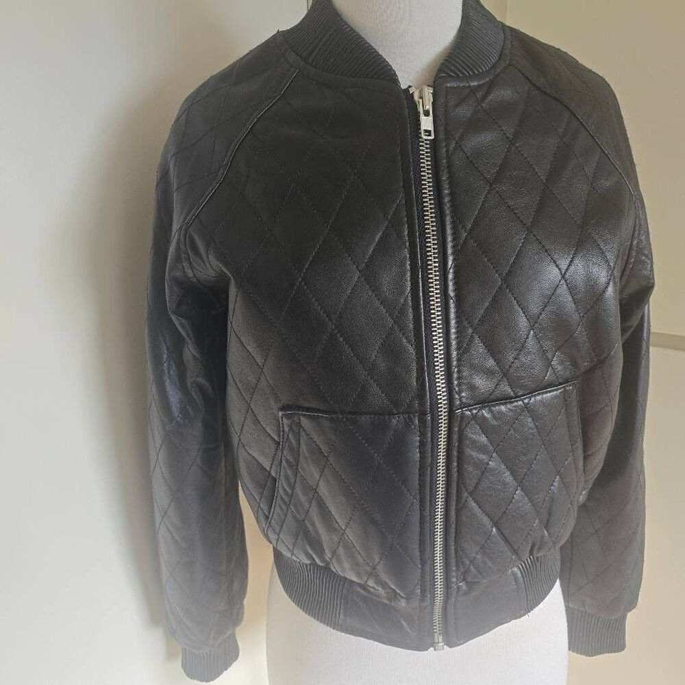 Red Leather ette Blk Quilted Leather Bomber Jacket, NWOT, Sz.12...fits like a 10